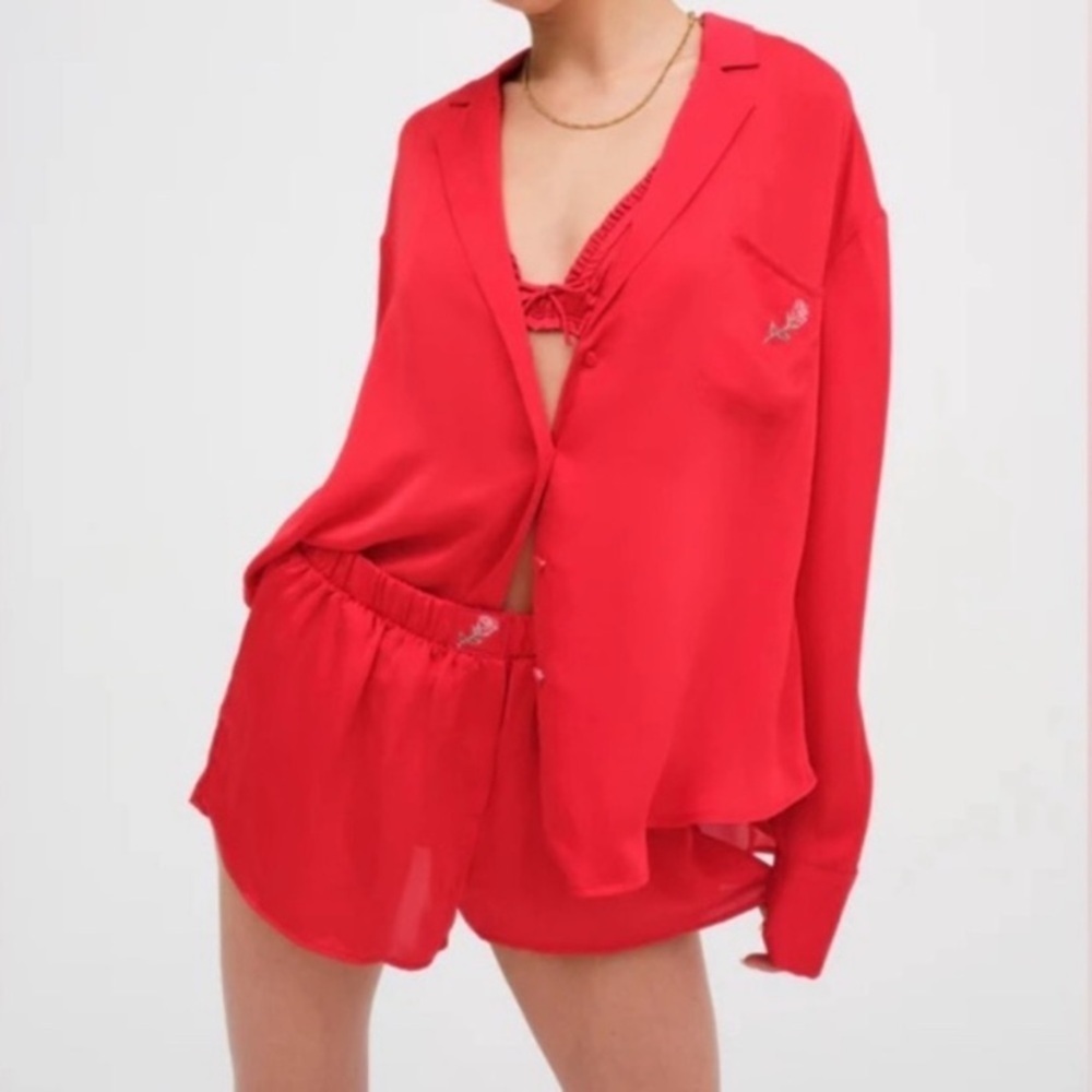 New! For Love And Lemons Everyday Red satin rose Pajama Top 1437